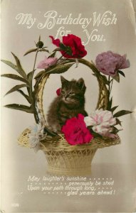 Hand Colored Cat RPPC Birthday Postcard 308 Sweet Tabby Kitten in Flower Basket