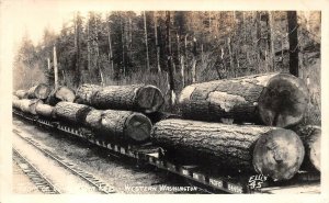 RPPC LOGGING TRAIN DOUGLAS FIR LOGS WASHINGTON REAL PHOTO POSTCARD (c. 1950s)