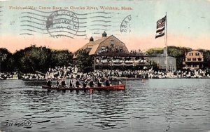 Finish of War Canoe Race in Waltham, Massachusetts on Charles River.