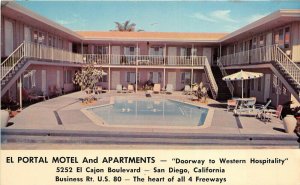 San Diego California 1960s Postcard El Portal Motel & Apartments Swimming Pool