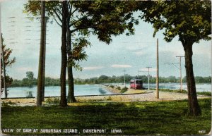 Davenport IA Dam at Suburban Island Tram c1910 Postcard G20