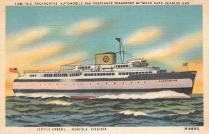 S.S. POCOHONTAS SHIP CAPE CHARLES & LITTLE CREEK NORFOLK VIRGINIA POSTCARD 1940s