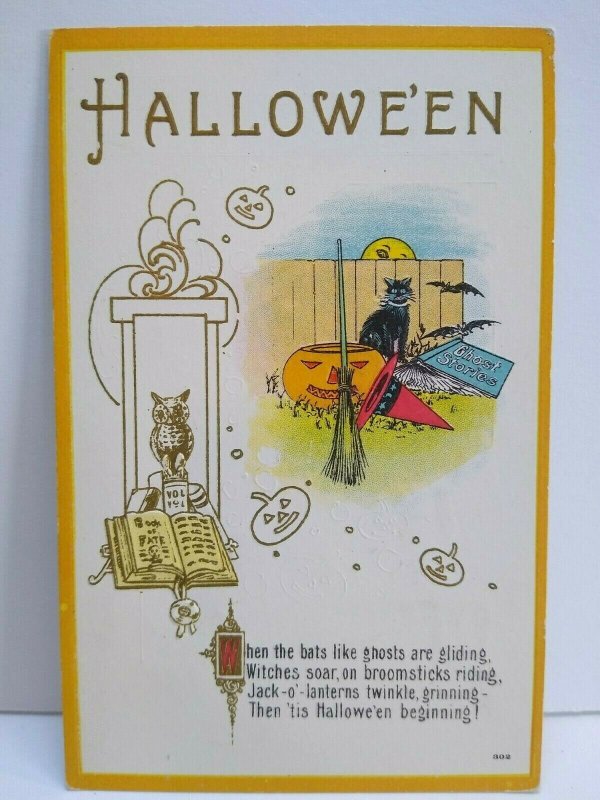Halloween Postcard Fantasy Owl Black Cat Bats Moon Ghost Stories 302 SAS 1913  