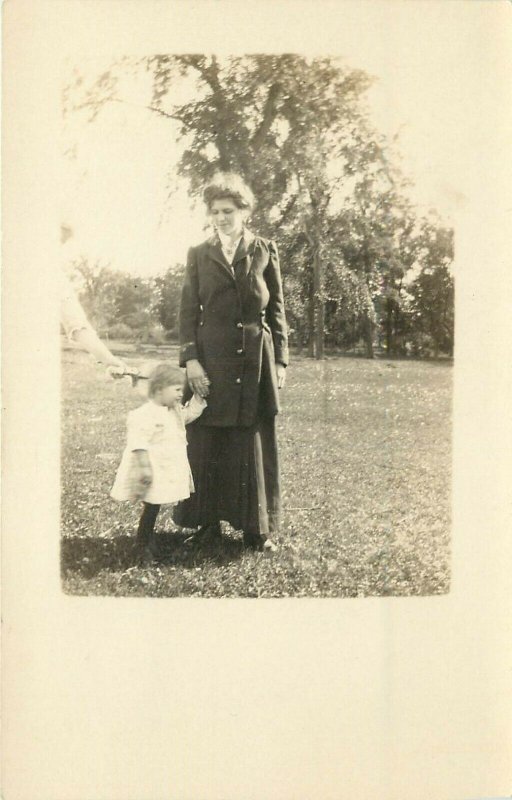 c1910 RPPC Sweet Young Mother & Toddler Child on a Large Lawn w Trees Unknown US