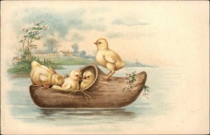 Easter Fantasy Chicks in Dutch Shoe Boat c1910 Vintage Postcard