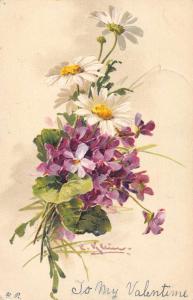 Greetings White and Purple Flowers Artist Signed Klein Antique Postcard J46590