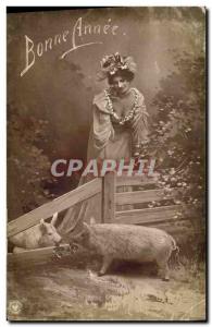 Old Postcard Cochon Pig Woman