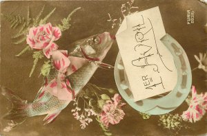 French Hand-colored RPPC 1er Avril April Fools Day Fish & Flowers, Furia 2032