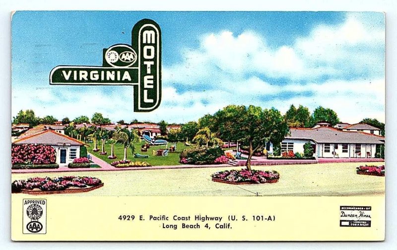 LONG BEACH, CA  ~ Roadside VIRGINIA MOTEL c1956 Pacific Coast Highway Postcard