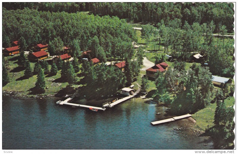 Aerial view,  Hagen's Cedar Lodge,  Sioux Narrows,  Ontario,  Canada,  40-60s