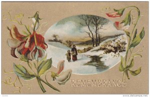 Mother and child out in a snowy field, flowers, gold background, 00-10s