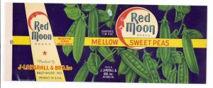 Red Moon Mellow Sweet Peas Vintage Can Label Litho Baltimore