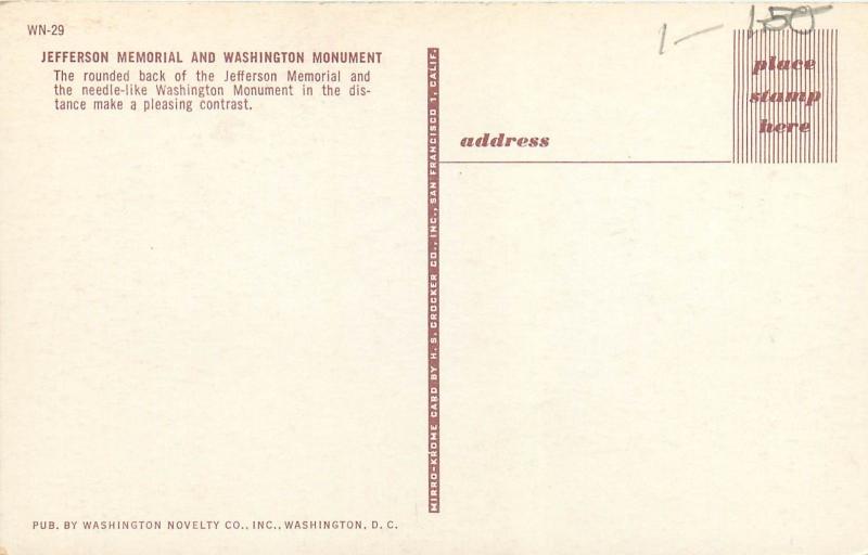 Jefferson Memorial Washington Monument Washington DC Postcard