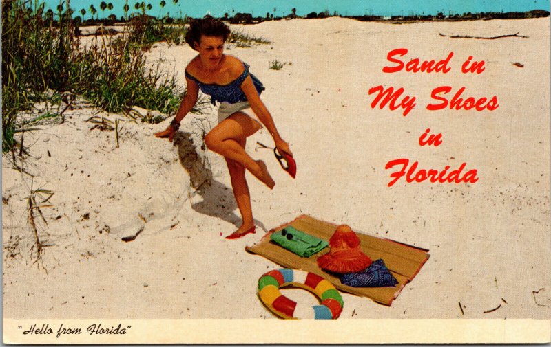 Vtg 1960s Hello from Florida Sand in My Shoes Woman on Beach FL Unused Postcard