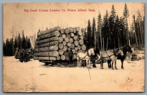 Postcard Prince Albert SK c1908 Cowan Lumber Co Big Load Horses Pulling Log Sled