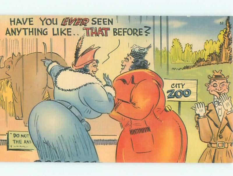 Linen Comic CHUBBY FAT WOMAN LOOKING AT ELEPHANT AC6961