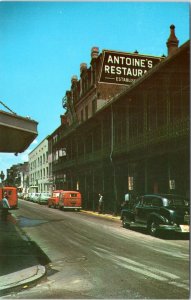 Postcard New Orleans - Bourbon Street -  Antoine's Restaurant old cars