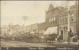 Griswold IA Central Block Horse Wagons Bldgs c1910 Real Photo Postcard 