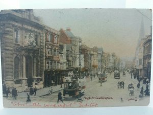 Trams in High St at Southampton Hampshire UK Antique Vintage Postcard 1903