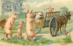 Humanoid pigs family fantasy 1906 donkey cart TCV stamps humanized pig