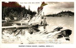 1940s RPPC Exaggeration Huge Fish at Painter's Fishing Resort Cambell River BC