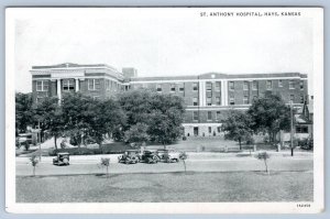 1920-30's ST ANTHONY HOSPITAL HAYS KANSAS ANTIQUE CARS BLACK & WHITE POSTCARD