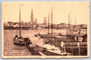 Vtg Belgium Antwerp Harbor Port Sailboats Skyline Scene View Postcard