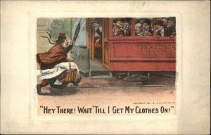 Train Comic Old Fat Woman Running Late Laundry Basket c1910s Postcard
