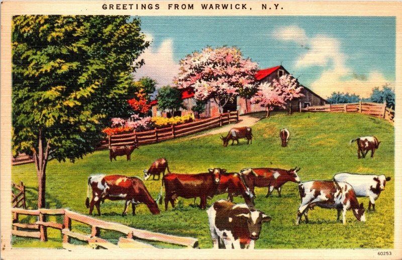 Postcard NY Orange County Greetings from Warwick Cattle LINEN 1940s V131