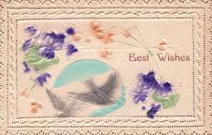 Best Wishes Birds and Flowers Embossed Greetings Souvenir Card Vintage Postcard