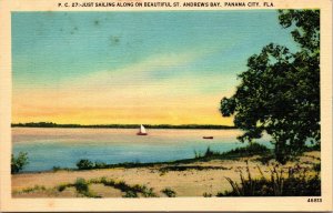 Sailing Along St Andrews Bay Panama City FL Florida Sunset Linen Postcard VTG 