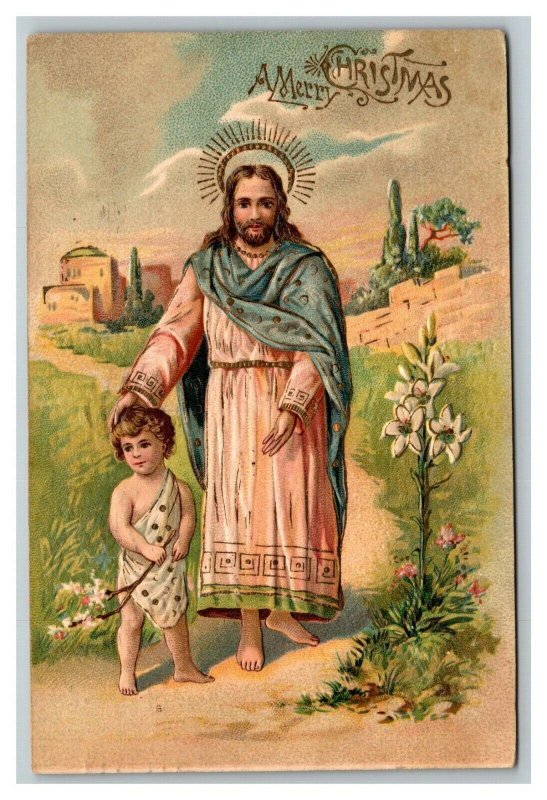 Vintage 1912 Christmas Postcard Jesus Guides Boy in Bethlehem Religious