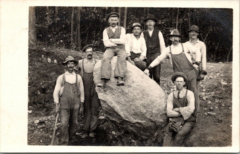 RPPC Work Crew Men large rock overalls hats gloves Real Photo Postcard 1904-1920 