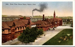 Postcard Front View of Union Railroad Station and Grounds in Ogden, Utah