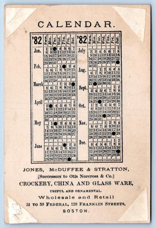 1882 JONES McDUFFEE STRATTON CROCKERY CHINA LAMPS CALENDAR VICTORIAN TRADE CARD