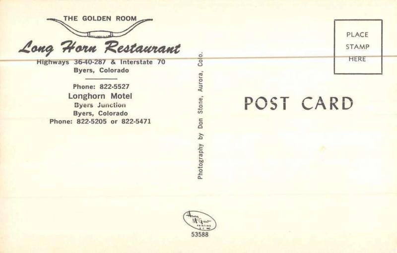 Byers Colorado Long Horn Restaurant Golden Room Vintage Postcard K7876387