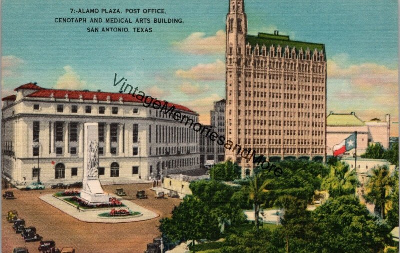 Alamo Plaza Post Office Cenotaph & Medical Arts Building TX Postcard PC354