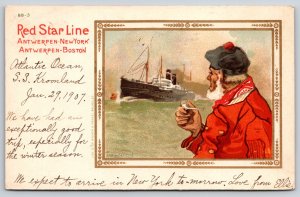 Ship Board Mail~SS Kroonland~Red Star Line~Antwerpen-NY-Boston~1907 Artist PC