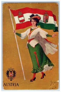 1907 Pretty Woman With Flag Austria St. John Artist Signed Antique Postcard