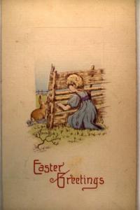 pre-1915 GIRL WATCHES BUNNY RABBIT THRU THE FENCE - cute Easter postcard y4416