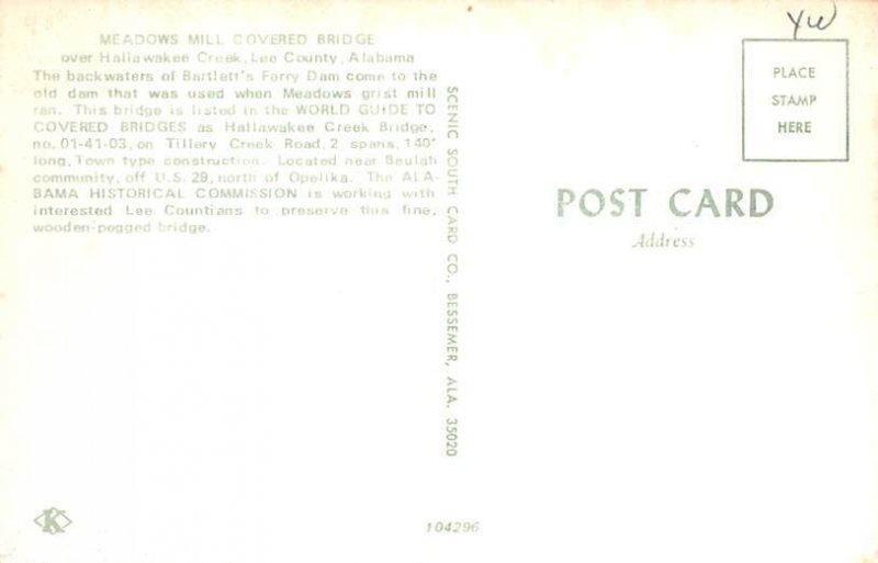 Lee County Meadows Mill Covered Bridge Alabama Postcard