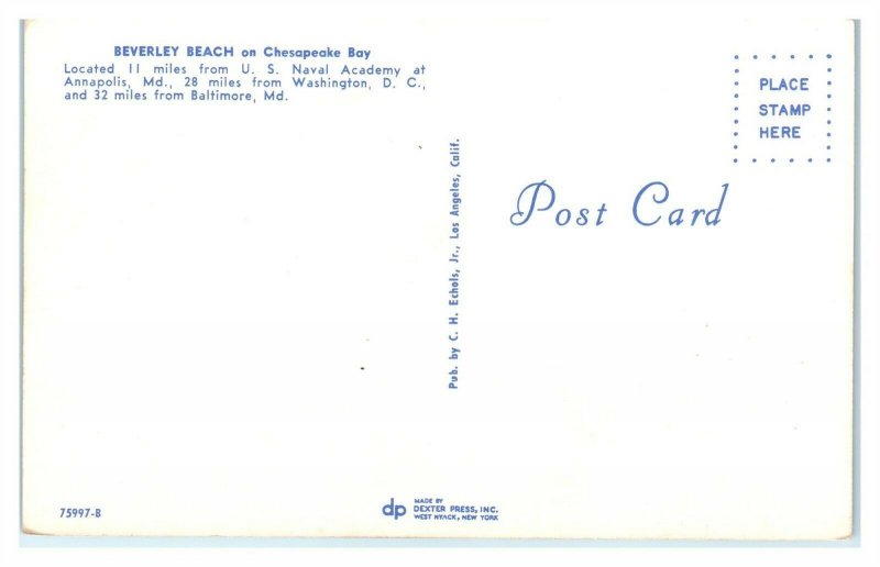 1950s/60s Beverly Beach on Chesapeake Bay, Mayo, MD Anne Arundel County Postcard