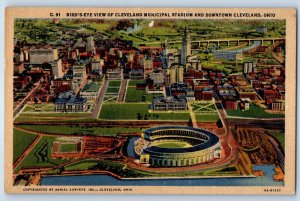 1942 Cleveland Ohio Postcard Birds Eye View Municipal Stadium Downtown Building