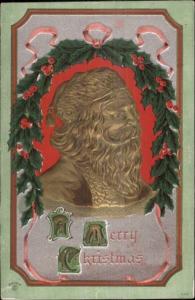 Christmas - Santa Claus All Gold Face Embossed c1910 Postcard