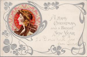 A Happy Christmas & Bright New Year Woman Red TUCK Series 1739 Postcard E55