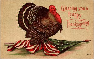 Postcard Thanksgiving  Patriotic? Turkey standing on American Flag