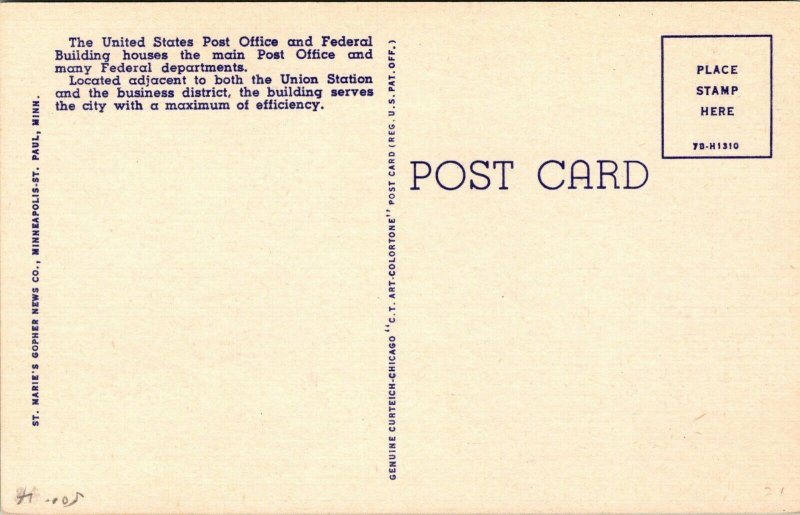 Vtg 1940's US Post Office and Customs House St Paul Minnesota MN Linen Postcard