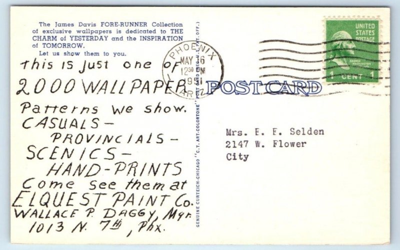 PHOENIX, AZ ~ Toluca Pattern ELQUEST PAINT & WALLPAPER CO. 1951 Linen Postcard