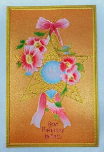 Gorgeous Fancy copper metallic embossed flowers silk star birthday vtg postcard