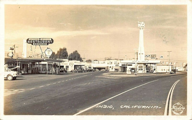 Indio CA Texaco Gas Station Restaurant Greyhound Bus Depot Real Photo Postcard